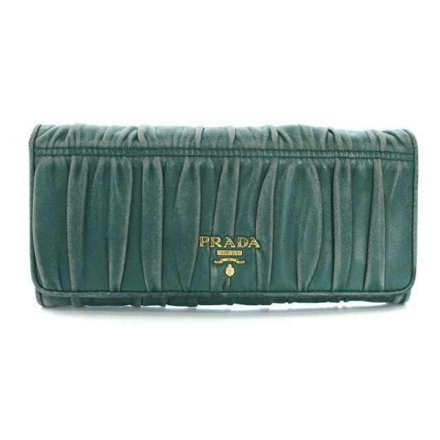 中古】プラダ PRADA 長財布 二つ折り財布 ダブルホック レザー 緑