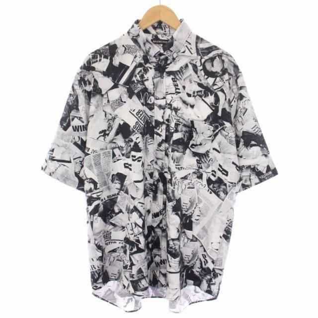 【中古】バレンシアガ BALENCIAGA 19SS マガジンペーパーシャツ 半袖 ボタンダウン 総柄 M 黒 グレー メンズの通販は