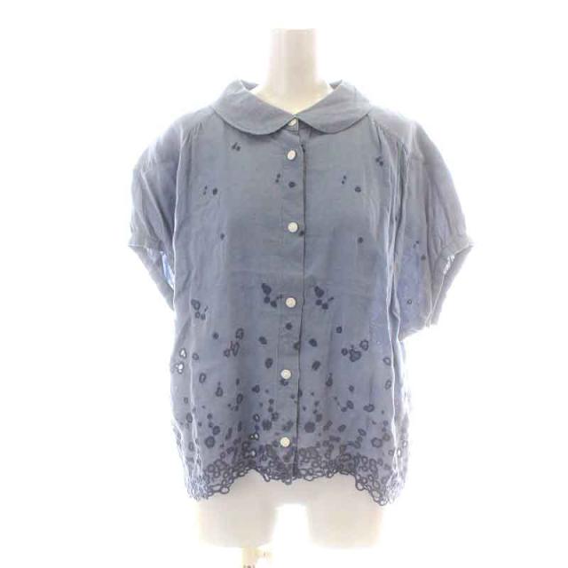 【中古】ミナペルホネン LAUNDRY サニースポッツ sunny spots シャツ ブラウス 半袖 パフスリーブ 刺繍 麻 38 M 青