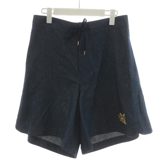 【中古】未使用品 ドレスキャンプ DRESSCAMP ショートパンツ ハーフパンツ シャンブレー 刺繍 ロゴ ヘビ柄 46 紺