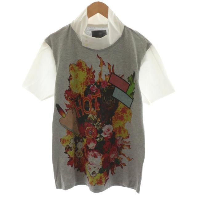 【中古】未使用品 ドレスキャンプ Tシャツ カットソー 半袖 スタンドカラー プリント ロゴ 花柄 切替 46 グレー 白