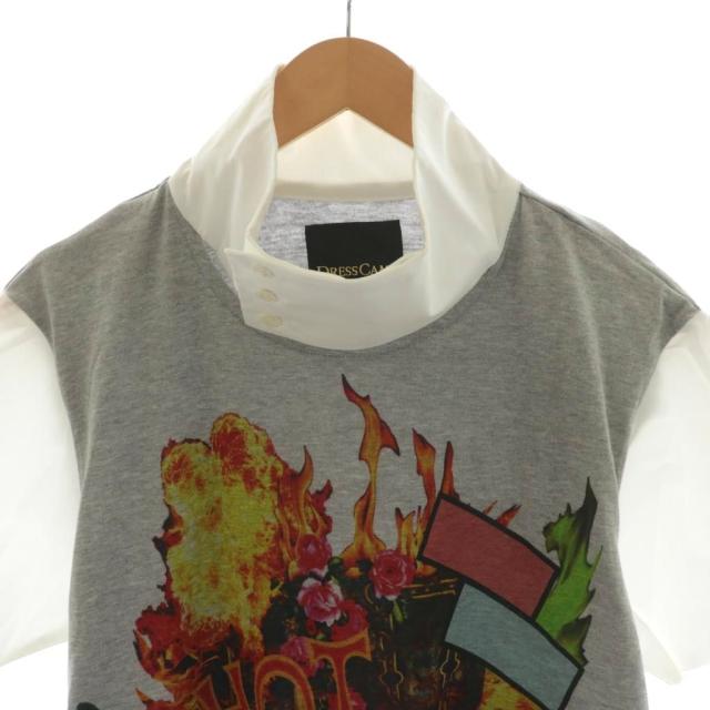 【中古】未使用品 ドレスキャンプ Tシャツ カットソー 半袖 スタンドカラー プリント ロゴ 花柄 切替 46 グレー 白_4