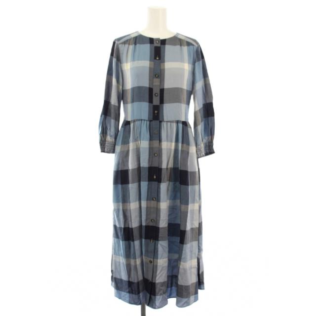【中古】ブルーレーベルクレストブリッジ エアリーツイルチェックシャツワンピース バンドカラー 36 青 レディース