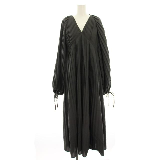 【中古】ローレン louren プリーツワンピース フレア マキシ ロング 長袖 Vネック F グレー lo211-06 /HN ▲H