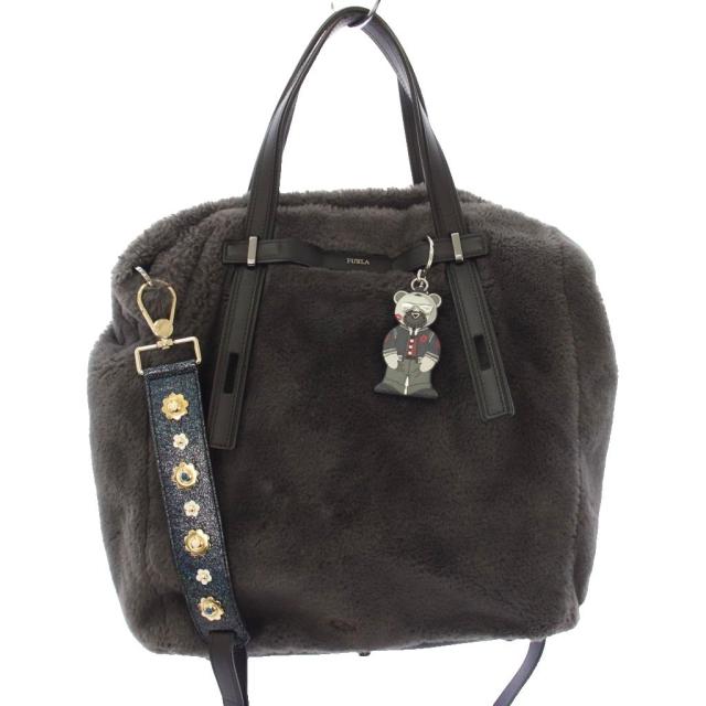 【中古】フルラ FURLA トートバッグ フェイクファー フェイクレザー チャーム付き グレー /TK レディース