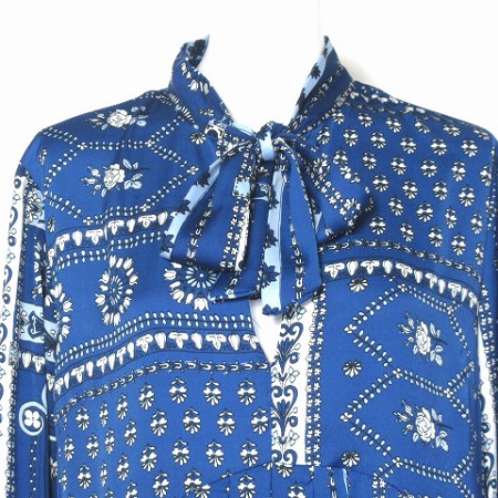中古 ザラ Zara シャツ ワンピース 長袖 ひざ丈 リボン ボウタイ スキッパー プリーツ 総柄 ブルー S レディースの通販はau Pay マーケット ブランド古着のベクトル