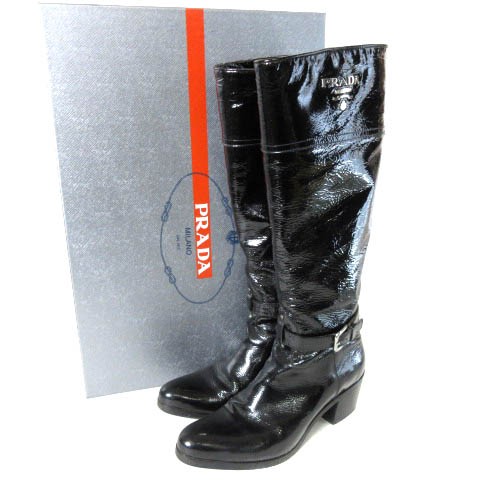 中古】プラダ PRADA ロングブーツ パテント シューズ チャンキーヒール