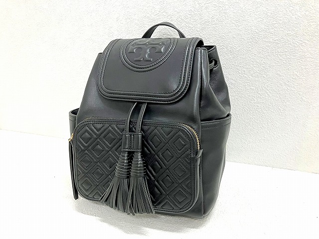 【中古】トリーバーチ TORY BURCH ラムレザー 巾着型リュックサック 黒 美品 45143 やや小さめ タッセル 子羊革
