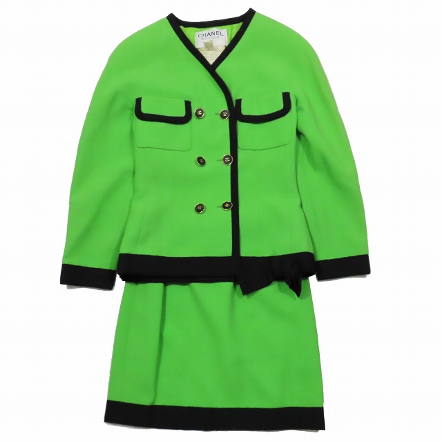 【中古】90s 91SS シャネル CHANEL ヴィンテージ vintage ツイード セットアップ スーツ ココマーク 34 グリーンの通販は 64,680円