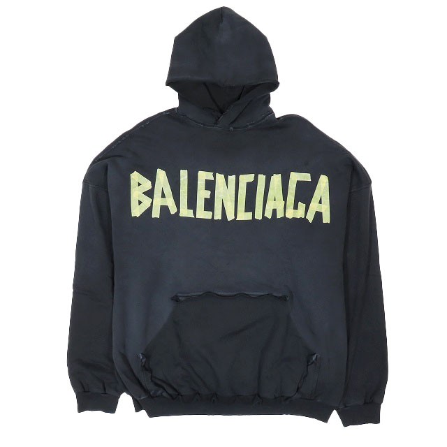 【中古】23SS バレンシアガ BALENCIAGA TAPETYPE Ripped Pocket テープロゴ パーカー ダメージ加工 プルオーバー 長袖 グレー 3 メンズ