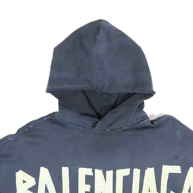 中古】23SS バレンシアガ BALENCIAGA TAPETYPE Ripped Pocket テープロゴ パーカー ダメージ加工 プルオーバー  長袖 グレー 3 メンズ パーカー