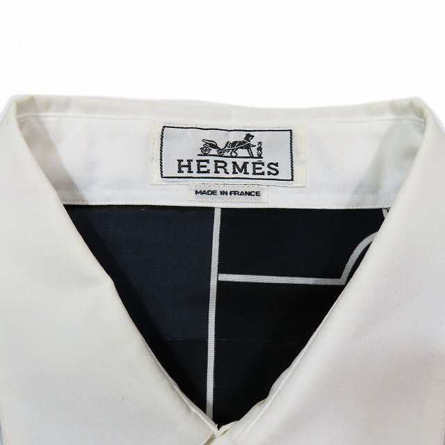 【中古】エルメス HERMES スポーツバックプリント 切替 ドレスシャツ トップス セリエボタン 白 ホワイト 