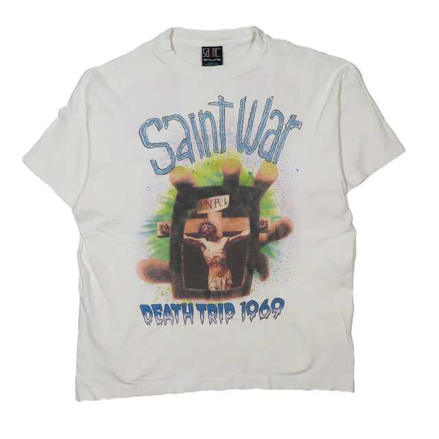 【中古】セントマイケル SAINTMICHAEL SS TEE/ SAINT WAR プリント ロゴ Tシャツ カットソー 半袖 ダメージ加工 ホワイト XL