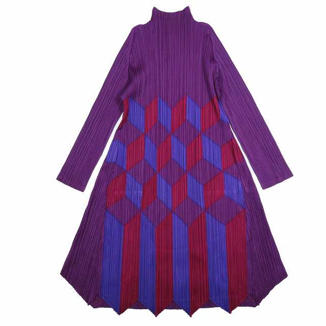 【中古】美品 17AW プリーツプリーズ PLEATS PLEASE イッセイミヤケ パッチワーク ハイネック ワンピース 長袖 膝丈