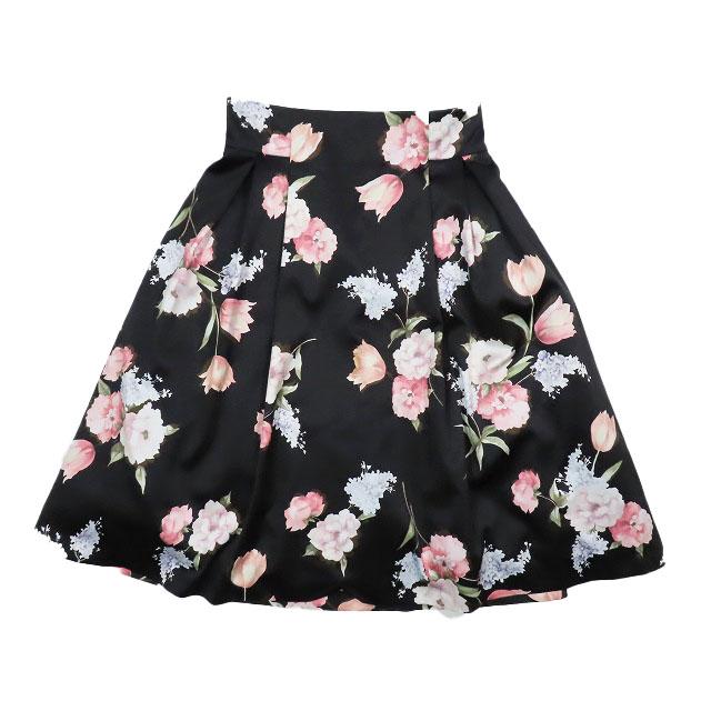 【中古】ウィルセレクション WILLSELECTION 膝丈 フレア フラワープリント スカート ボリューム ブラック M レディース YBA9 の通販は