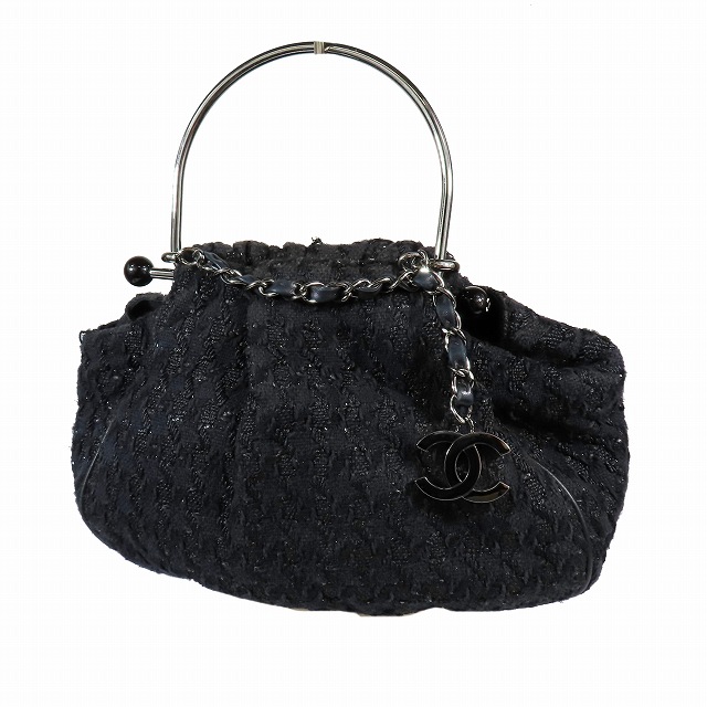 【中古】シャネル CHANEL ツイード メタルハンドル ハンドバッグ ココマーク チェーン カバン 黒/6 レディース 