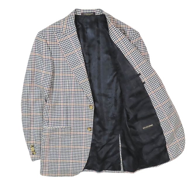 【中古】美品 コルネリアーニ Corneliani ギンガムチェック柄 テーラード ジャケット 2B ブレザー 裏地ペイズリー柄 46 M ネイビーの通販は