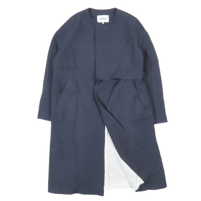 【中古】17ss エンフォルド ENFOLD ノーカラー コート スプリングコート ジャケット ロング丈 コットン マグネットボタン 38 M ネイビーの通販は