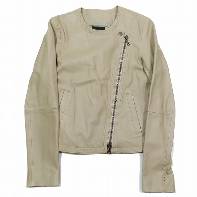 【中古】セオリー Theory ノーカラー レザージャケット ライダース ショート丈 ブルゾン S ベージュの通販は 6,375円