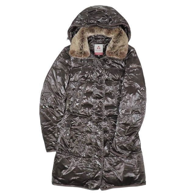 【中古】美品 ピューテリー PEUTEREY コーティング ダウン コート ジャケット Aライン ロング フーデット ラビットファー EVAN 40 茶色