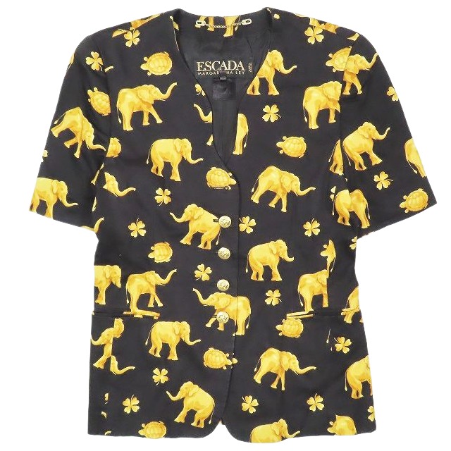 【中古】ヴィンテージ エスカーダ Vintage ESCADA ドイツ製 金ボタン ノーカラー ジャケット コート 半袖 象プリント 亀 花柄 38 M 黒の通販は