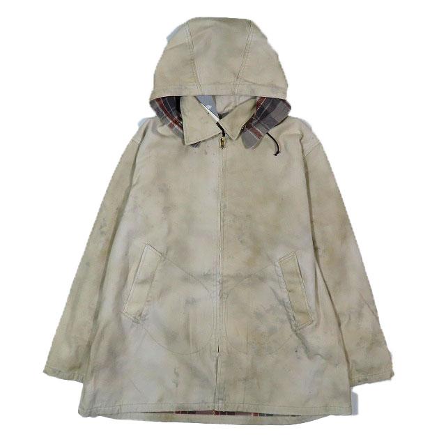 【中古】BEAMS+ ハードツイスト オックスフォード プリント スポーツマン コート フーディ ダメージ加工 ブルゾン アウター セメント XLの通販は