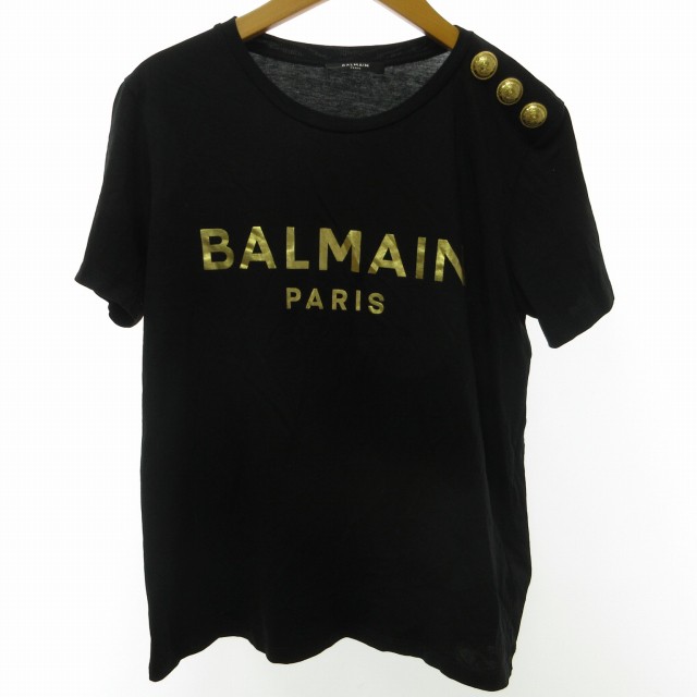 【中古】バルマン BALMAIN Tシャツ カットソー 金ボタン装飾 ロゴプリント 金文字 半袖 黒 ブラック S 1006 IBO44｜au PAY  マーケット