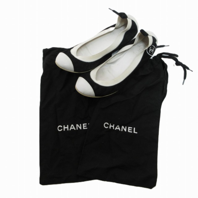 【中古】シャネル CHANEL レザー バレエシューズ パンプス フラットシューズ ココマーク 黒 白 36.5 約23.5cm IBO52