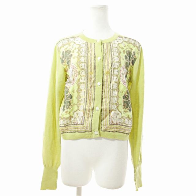 【中古】エトロ ETRO ウール カーディガン 長袖 スカーフ柄 切替 ウール シルク 44 黄緑 0618 レディース