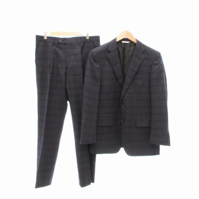 【中古】レノマ renoma super100's セットアップ シングルスーツ チェック柄 2B ウール 96AB 紺 ネイビー /JS IBO66の通販は