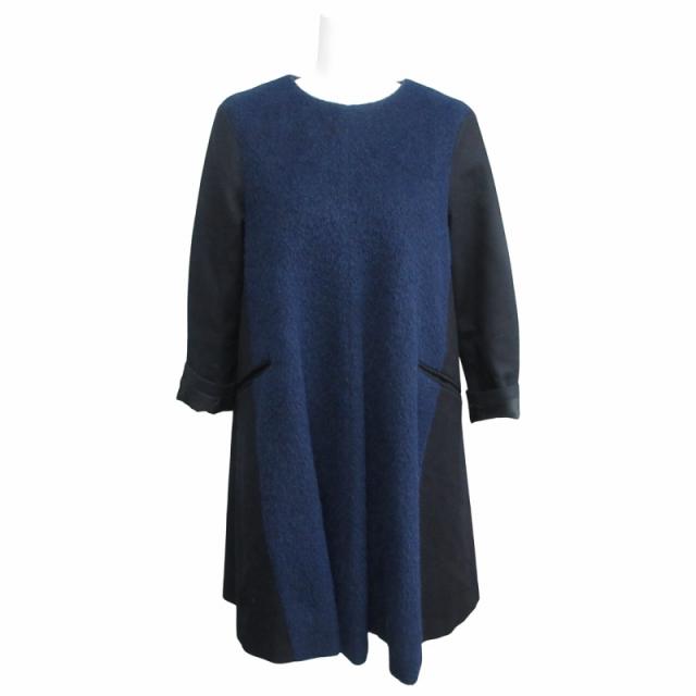 【中古】アドーア ADORE アルパカコンビワンピース シャギーニット ひざ丈 紺 ネイビー 黒 ブラック サイズ38 IBO68