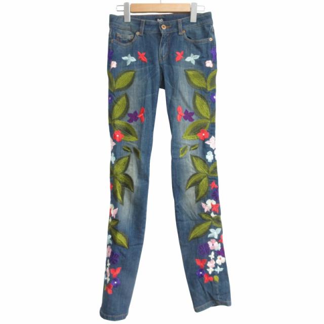 美品  ドルチェアンドガッバーナ フラワー デイジー 薔薇 総柄 パンツ 希少 ドルチェ＆ガッバーナ 刺繍 デニム ドラゴン フラワー