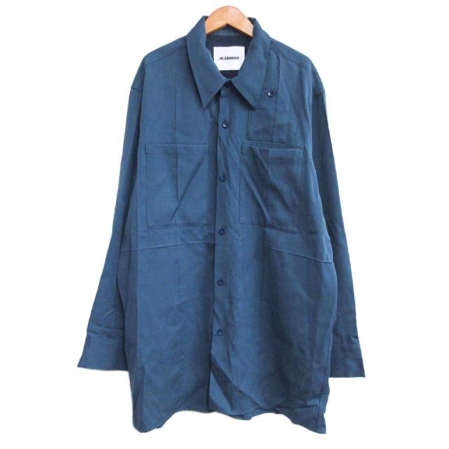 【中古】ジルサンダー JIL SANDER 22AW バージンウール ロング シャツ 長袖 オープンカラー 青 ブルー系 41 J22DL0106