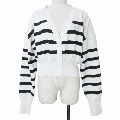【中古】LE PHIL ルフィル ドライタッチカーディガン ボーダー ニット 長袖 Vネック 白 黒 フリーサイズ X レディース
