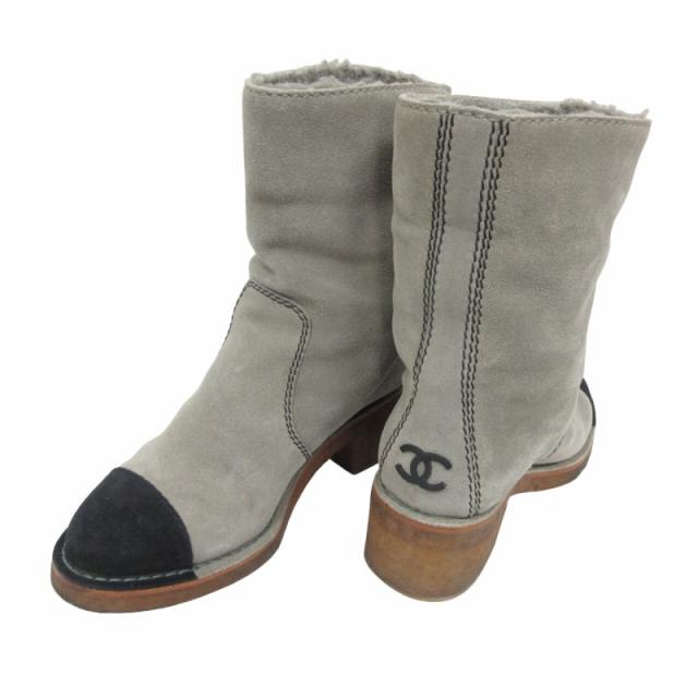 【中古】シャネル CHANEL ムートン ショートブーツ デカココ ココマーク G28631 レザー グレー 38 24cm相当 IBO70