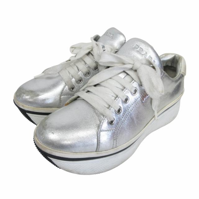 中古】プラダ PRADA 1E557 厚底 スニーカー レザー メタリック