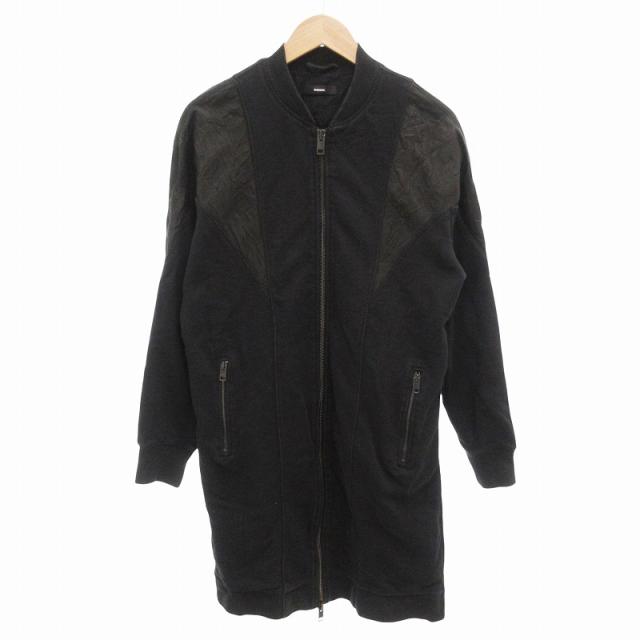【中古】ディーゼル DIESEL MA-1 コート ジャケット ダブルジップ レザー切替 ひざ丈 M 黒 ブラック