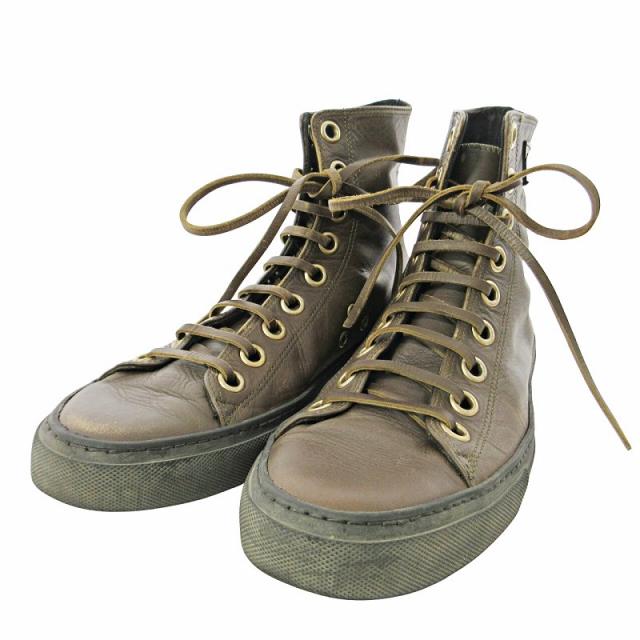 【中古】グッチ GUCCI レザー ショートブーツ ハイカット スニーカー ブラウン 革紐 ブラウン 茶 0729 IBO78 メンズ