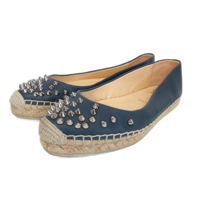 【中古】クリスチャンルブタン 美品 レザー エスパドリーユ サンダル スタッズ ネイビー 35 22cm相当 IBO78