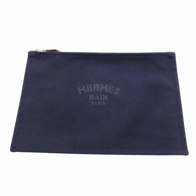 【中古】未使用品 エルメス HERMES BAIN ヨッティング GM ポーチ クラッチバッグ キャンバス 紺 ネイビー