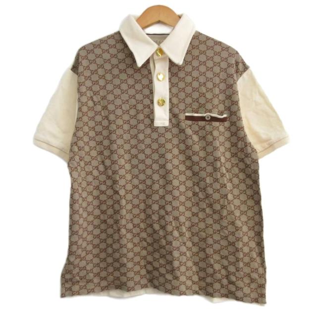 【中古】グッチ GUCCI 美品 22SS GGジャガード ポロシャツ 半袖 GG柄 GGスプリーム 金ボタン ブラウン系 XS ★AA☆