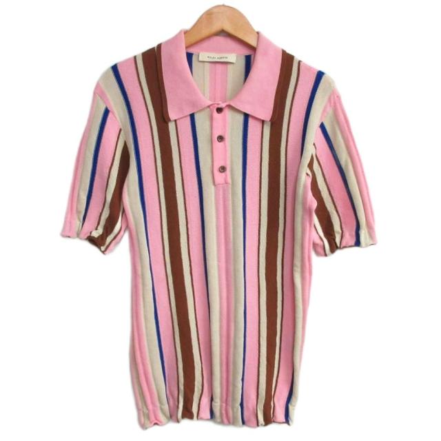 【中古】WALES BONNER 23SS 極美品 OPTIMIST POLO SHIRT ニットポロ コットン 半袖 MS23KN24-KN07-2185 ピンク M