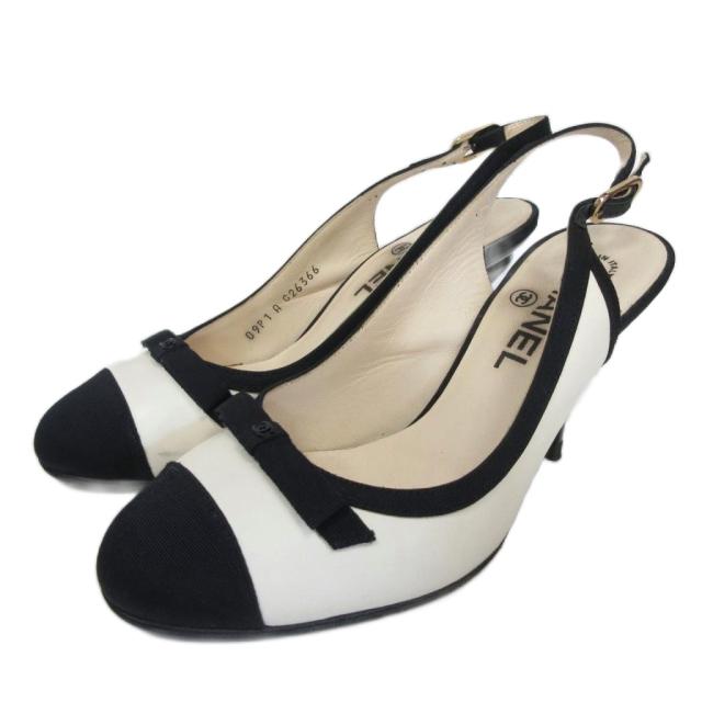 【中古】シャネル CHANEL 09P バイカラー スリングバッグ パンプス ココマーク ホワイト ブラック 36C ■MNK1