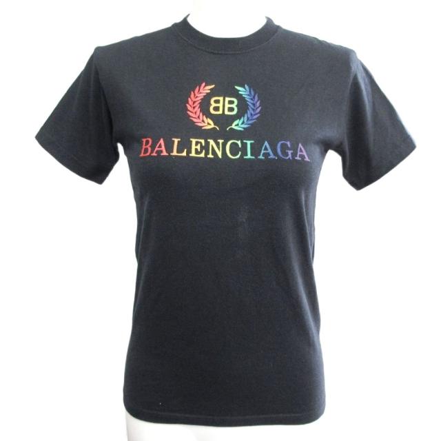 【中古】バレンシアガ BALENCIAGA レインボーロゴ刺繍 BB Tシャツ カットソー クルーネック 半袖 XS 黒 ■MNK1