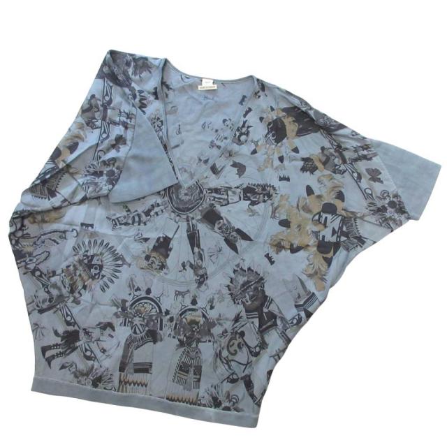 【中古】エルメス 希少 ゴルチエ期 ツイルレーヌ Kachinas カチナ カレ ドルマンスリーブ カットソー シルク ■MNK1