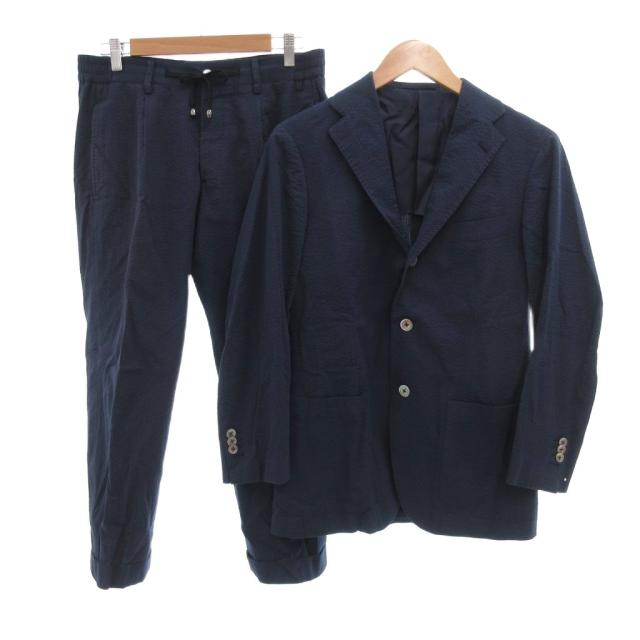 【中古】ビームスエフ BEAMS F 21年 EASY シアサッカー サマースーツ セットアップ 3B 本切羽 46 紺 ネイビー