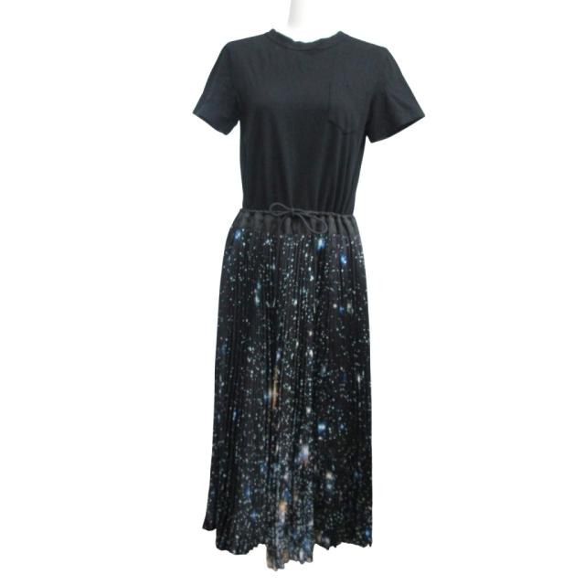 【中古】サカイ sacai 20AW ギャラクシープリントプリーツドッキングワンピース 20-05291 半袖 黒 ブラック サイズ1