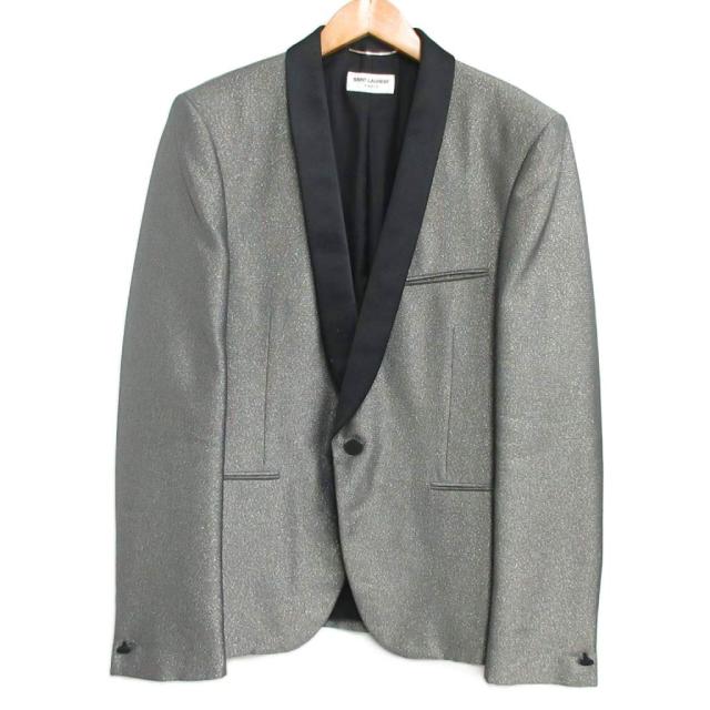 【中古】サンローラン パリ 18SS タキシードジャケット ブレザー 光沢生地 国内正規 シルバー 50 約L ☆AA★