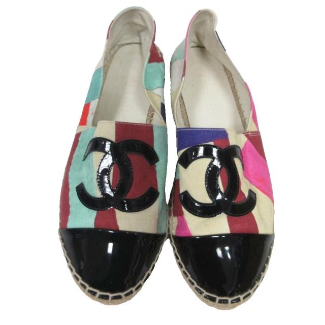 【中古】シャネル G29762 エスパドリーユ スリッポン ココマーク フラットシューズ マルチカラー 37 23.5cm ■MNK2
