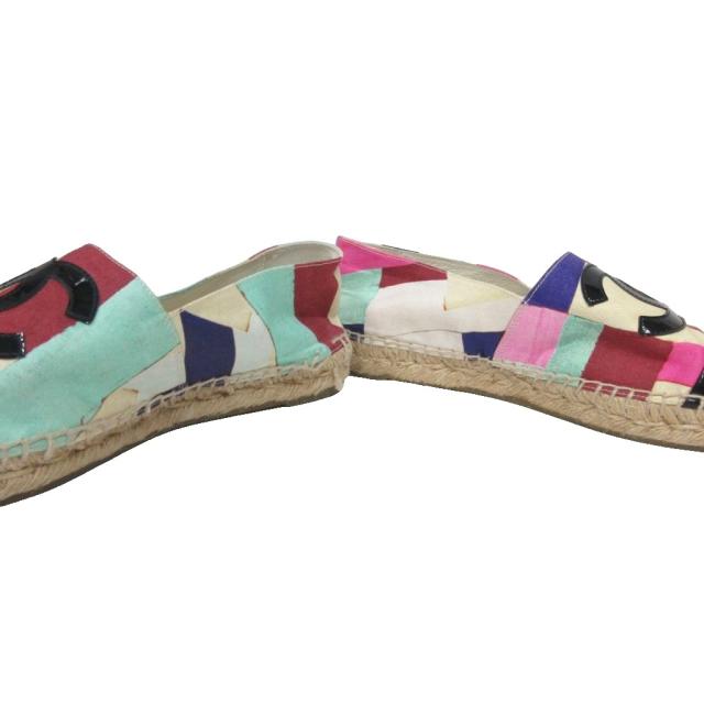 【中古】シャネル G29762 エスパドリーユ スリッポン ココマーク フラットシューズ マルチカラー 37 23.5cm ■MNK2